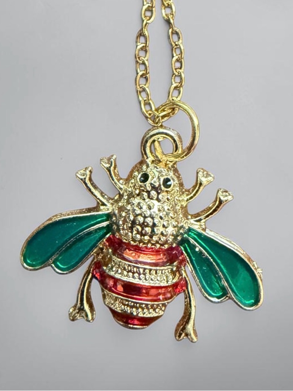 Handcrafted Gold Tone and Green Bee Pendant Necklace